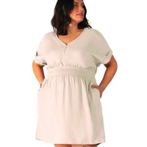 DEX PLUS Della Linen Blend Dress Sand Smocked Waist V-neck Pockets Sz 2X